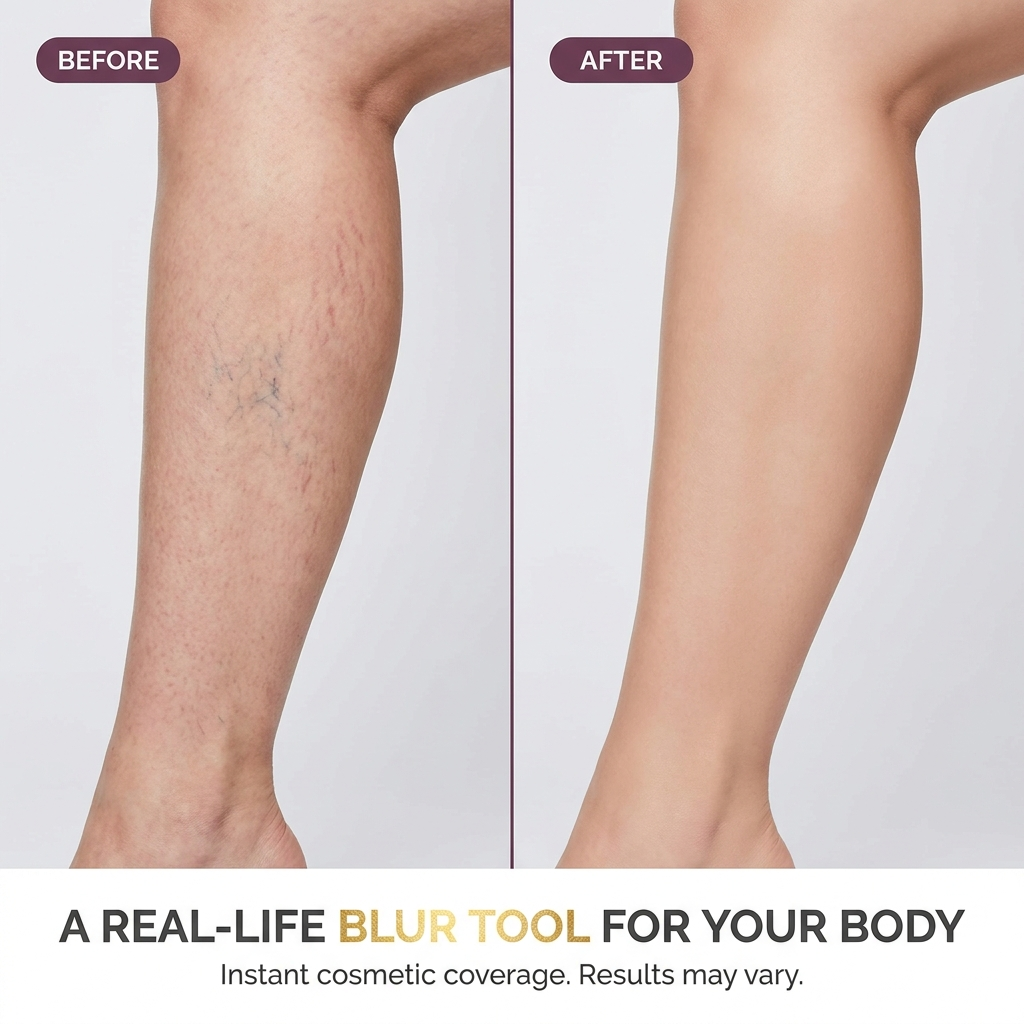 Before and after — stretch marks and veins on a leg blurred into even skin
