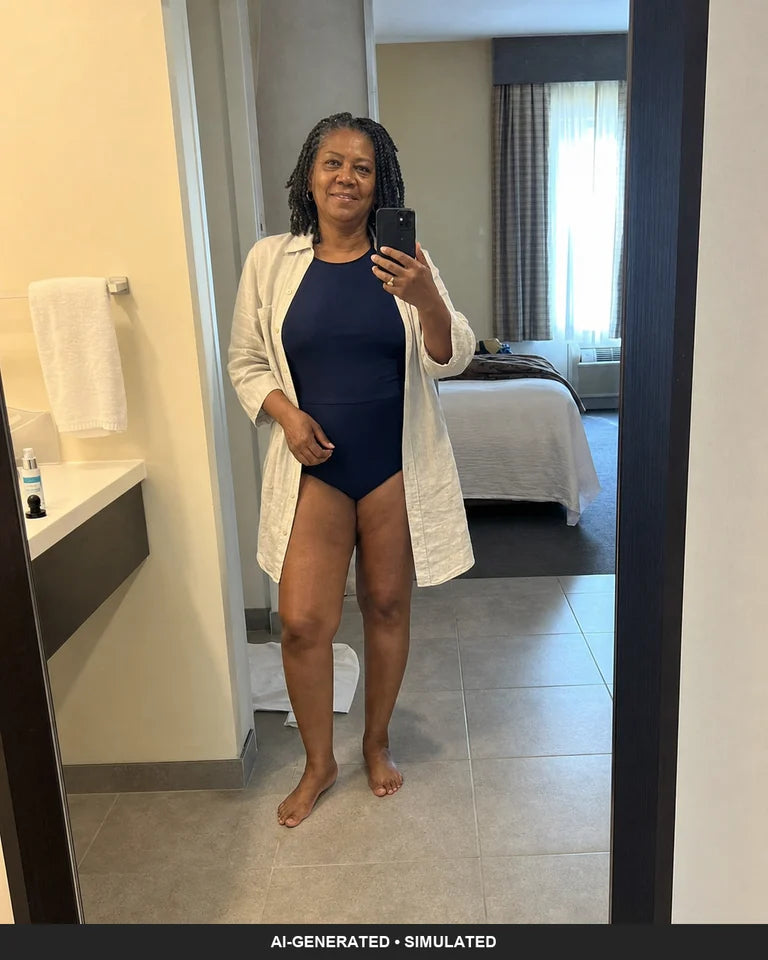 Mature deep-skinned Black model taking an ordinary hotel mirror selfie before a pool day