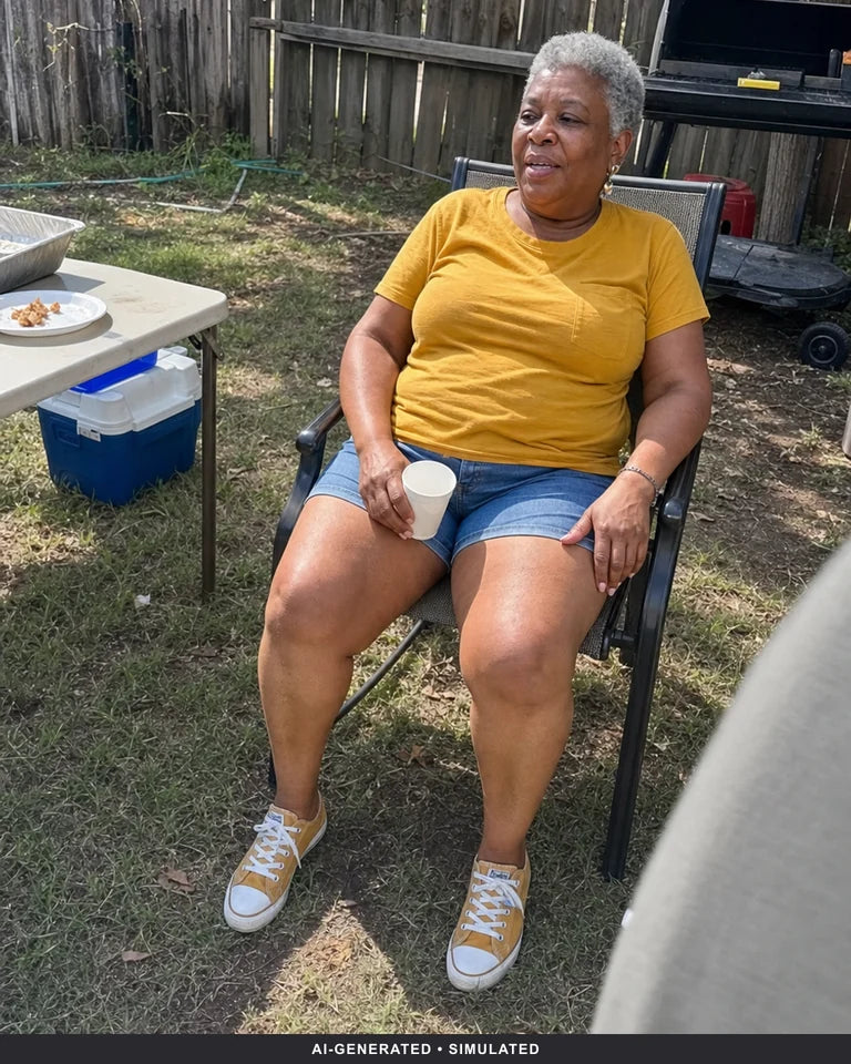 Older deep-skinned Black model in a mustard T-shirt and denim shorts at a backyard cookout