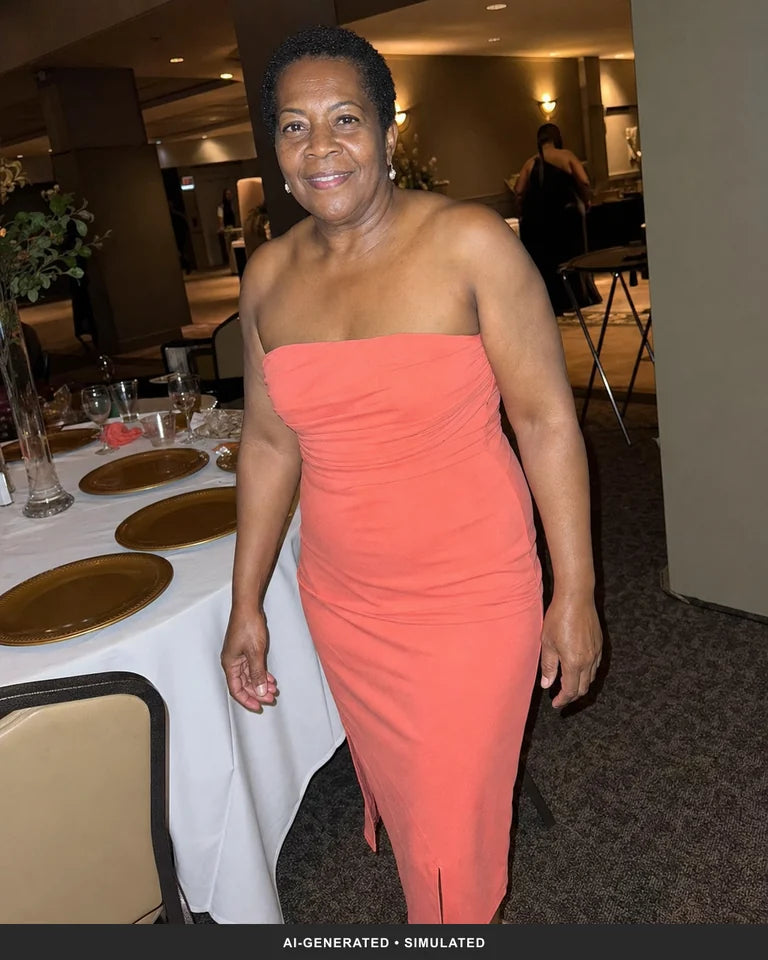 Mature deep-skinned Black model in a coral strapless dress at a wedding reception